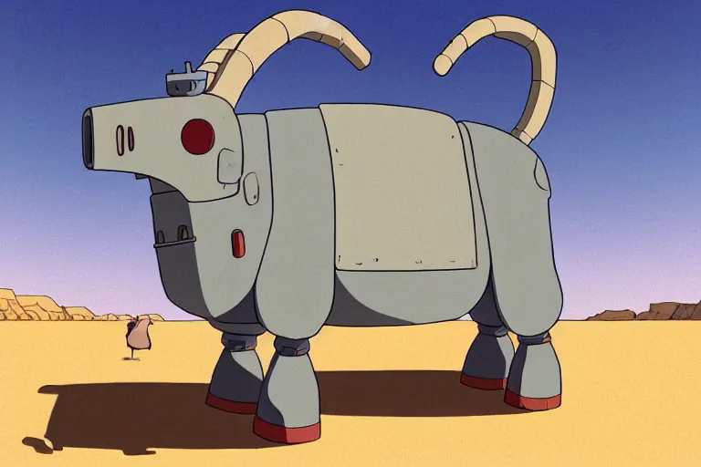 Image similar to a study of a cell shaded cartoon of a grey robot ram from howl's moving castle ( 2 0 0 4 ), on a desert road, full body, wide shot, very muted colors, post grunge, studio ghibli, highly detailed, deviantart, art by artgem