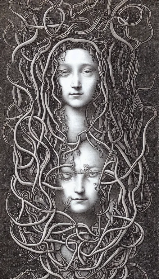 Image similar to very detailed portrait of a 2 0 years old girl surrounded by tentacles, the youg woman visage is blooming from fractal and vines, by leonardo da vinci