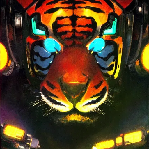 Image similar to a dark and colorful close - up of a sci - fi mecha tiger robot with led lights glowing fog in the background. highly detailed science fiction painting by norman rockwell, frank frazetta, and syd mead. rich colors, high contrast, gloomy atmosphere, dark background. trending on artstation