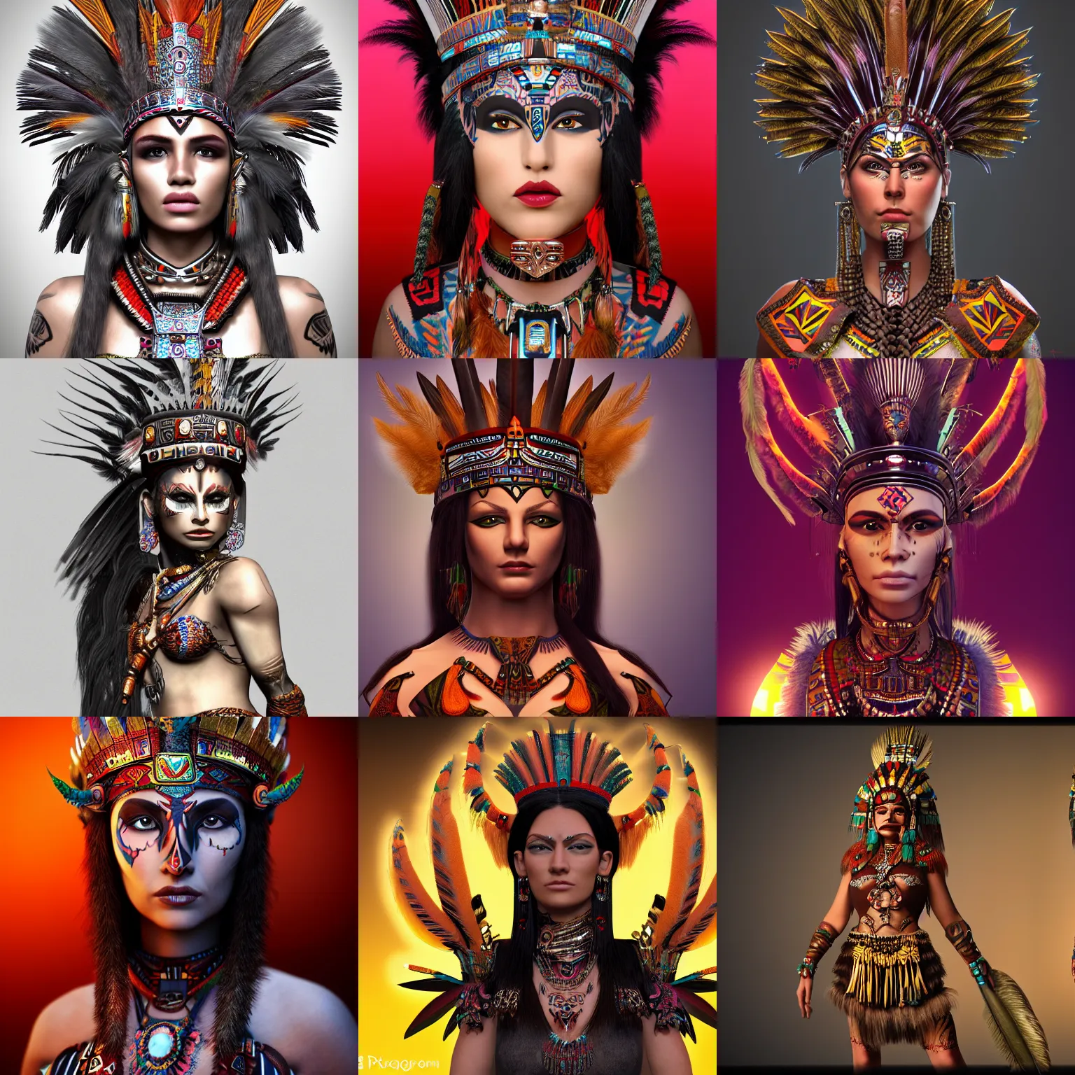 Prompt: character design, aztec warrior goddess with beautiful woman face, crown of very long feathers, full body, glowing aztec tattoos, beautiful, dark fantasy, super - resolution, ultra - hd, 1 0 8 0 p, vray