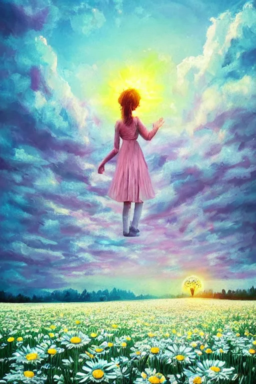 Image similar to giant white daisy flower as head, girl dancing in a flower field, surreal photography, sunrise, dramatic light, impressionist painting, colorful clouds, digital painting, artstation, simon stalenhag