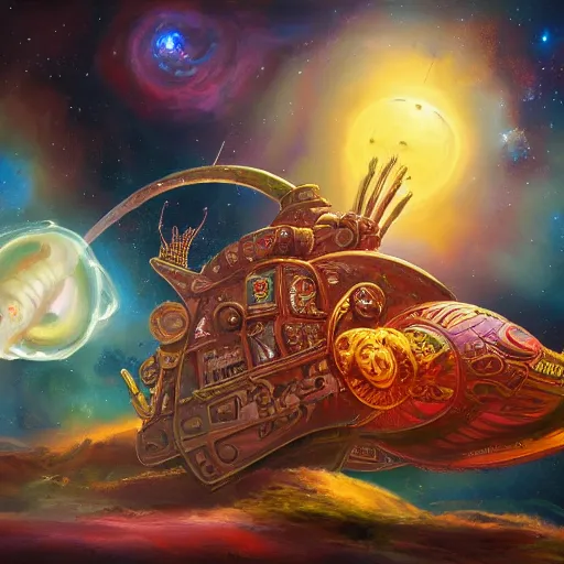 Prompt: painting of ornate space ship, nebulae background, nautilus, shell, space jammers, d & d, dust, sun, 4 0 k warhammer, shrimp, prawn