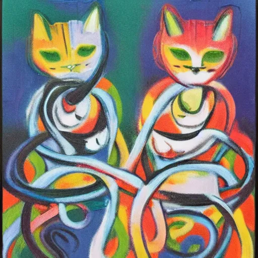 Image similar to abstract expressionist detailed matte illustration of two intertwined cats in the style of Kandinksy