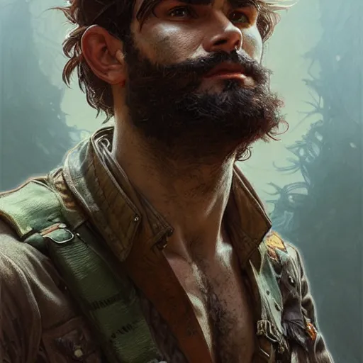 Image similar to portrait of a rugged ranger, full body, open shirt, hairy torso, D&D, fantasy, intricate, elegant, highly detailed, digital painting, artstation, concept art, matte, sharp focus, illustration, art by Artgerm and Greg Rutkowski and Alphonse Mucha