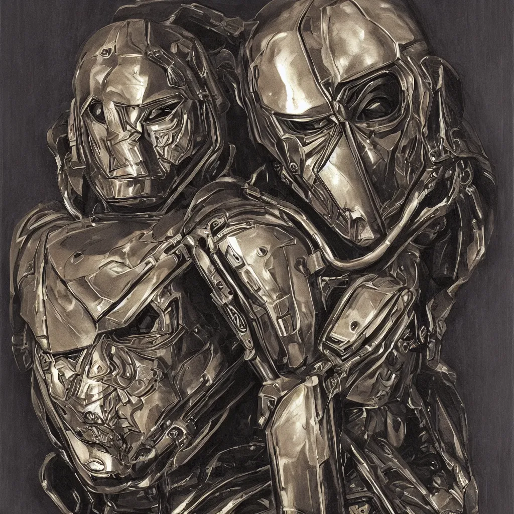 Prompt: hyperrealistic art nouveau bust portrait of Doctor Doom in shining mechanical armor by Kyle Hotz and Michael Golden, with rich atmospheric colors, 8k, sinister ambience, perfect comic illustration, accurate symmetrical anatomy and details, metallic art nouveau border designs, precise machinery, perfect symmetry, futuristic, medieval, dystopian, Blade Runner, Bernie Wrightston