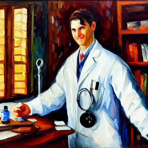 Prompt: painting of a black and white cat as a surgeon doctor by Leonid Afremov, lab coat, stethoscope