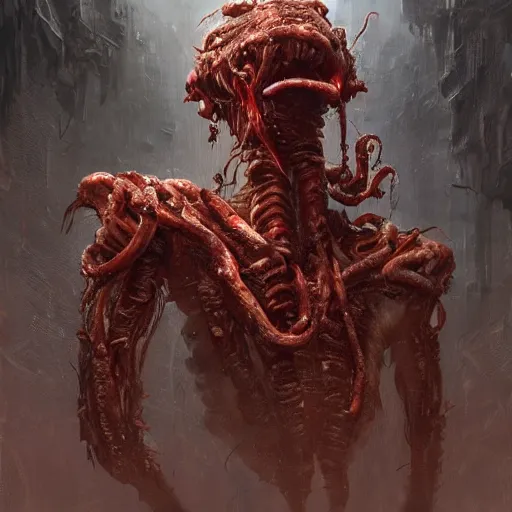 Prompt: concept art by greg rutkowski, a hideous monster in the shape of a gorgon made of twisted flesh and reddish ooze, claustrophobic and futuristic, brutalistic environment, scifi, detailed and intricate environment, high technology, highly detailed portrait, digital painting, artstation, concept art, smooth, sharp foccus ilustration, artstation hq.