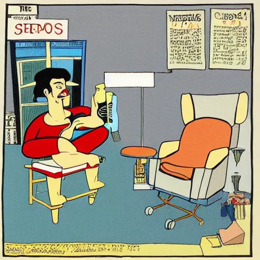 Image similar to the greek god eros who is a clown, has hurt his knee and sitting in a chair and is watching the game on tv with a beer in hand, by chris ware