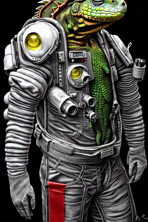 Prompt: a portrait of a muscular anthropomorphic cyberpunk iguana! space mechanic in spacesuit armor with ensignia on chest plate by sandra chevrier, by jon foster, detailed render, pistol in holster, tape deck, epic composition, cybernetics, 4 k realistic, cryengine, realistic shaded lighting, sharp focus, masterpiece, by enki bilal