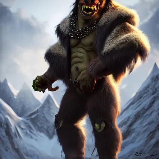 Prompt: A full body shot of a handsome orc looking into the camera wearing a fur jacket and boots, full body shot, artstation, realistic, highly detailed, symmetrical, hyper realism, high detail, octane render, unreal engine, 8k, fantasy art, highly detailed, concept art