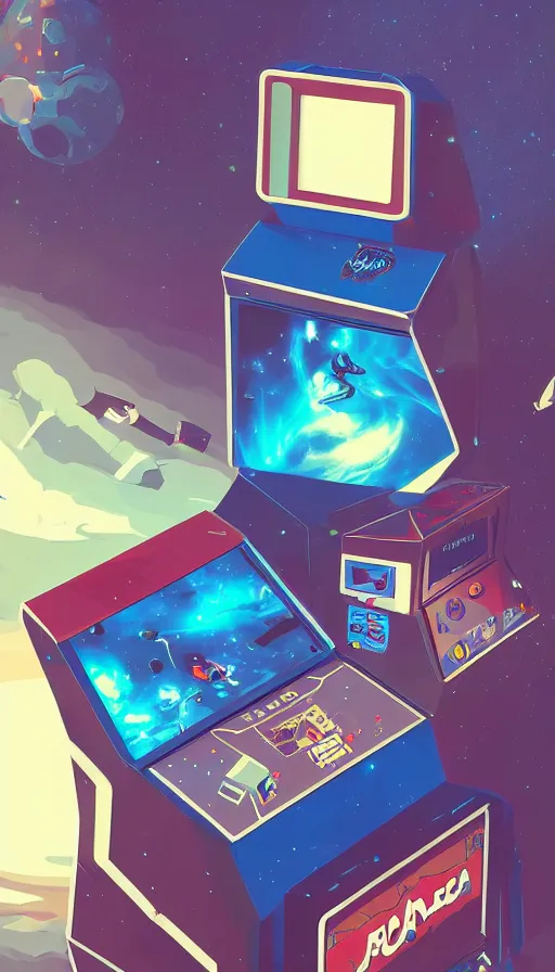 Image similar to arcade cabinet in space, sharp focus, james gilleard, cinematic, game art, extremely detailed digital painting, print