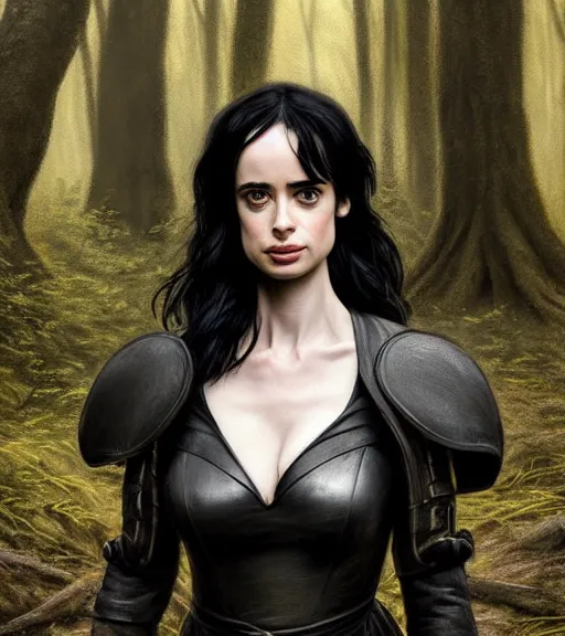 Image similar to 5 5 mm portrait photo of krysten ritter as yennefer of vengerberg in black leather armor and black hair, in a forest. magical atmosphere. art by greg rutkowski. lifelike. very detailed 8 k. intricate. soft light. nikon d 8 5 0.