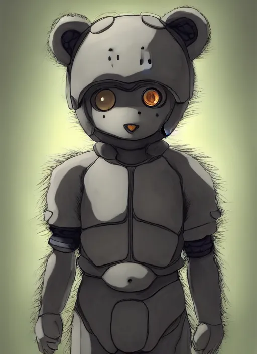 Image similar to beautiful little boy wearing an cyborg bear suit, artwork in kentaro miura and made in abyss and rosdraws, smooth, beautiful lightness, anatomically correct, trending on pixiv