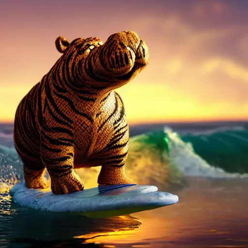 Image similar to a closeup photorealistic photograph of a cute smiling knitted tiger hippopotamus riding a wave at sunset. surf in background. professional capture. brightly lit scene. this 4 k hd image is trending on artstation, featured on behance, well - rendered, extra crisp, features intricate detail, epic composition and the style of unreal engine.