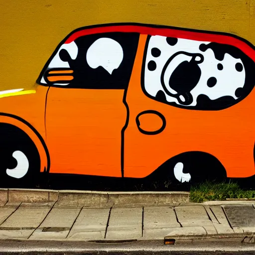 Image similar to cow driving a car, street art style, 4 k