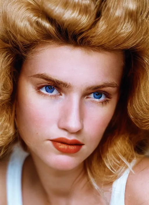 Image similar to kodak portra 400, photographic extreme close-up face of a beautiful woman with blond hair , photographed by Carlo Diamanti , high quality,complementary colors ,photo-realistic.