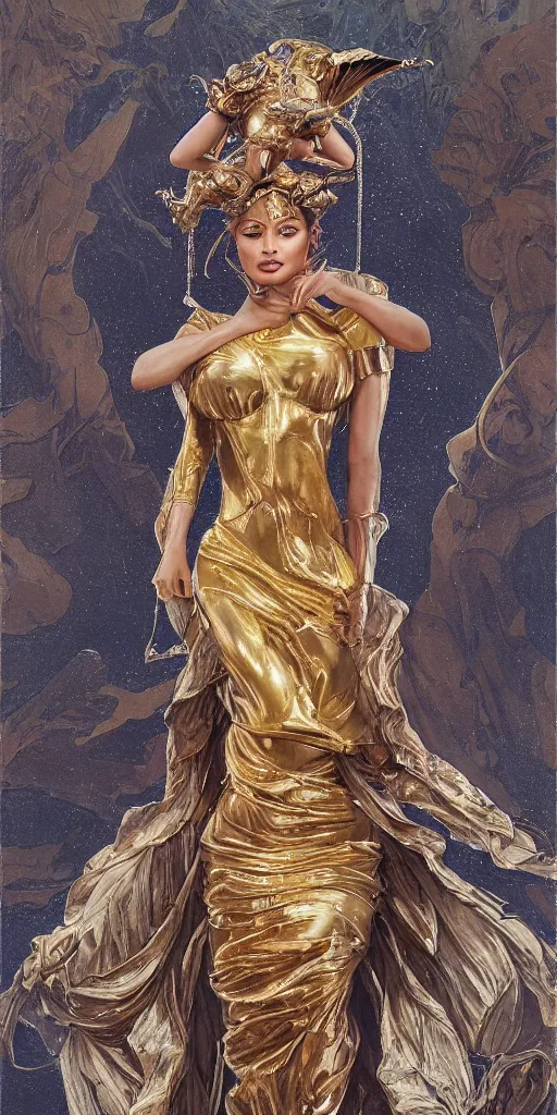 Image similar to Kylie Jenner as a golden statue, highly detailed, digital painting, artstation, concept art, smooth, sharp focus, illustration, ArtStation, art by artgerm and greg rutkowski and alphonse mucha and J. C. Leyendecker and Edmund Blair Leighton and Katsuhiro Otomo and Geof Darrow and Phil hale and Ashley wood and Ilya repin and Charlie Bowater