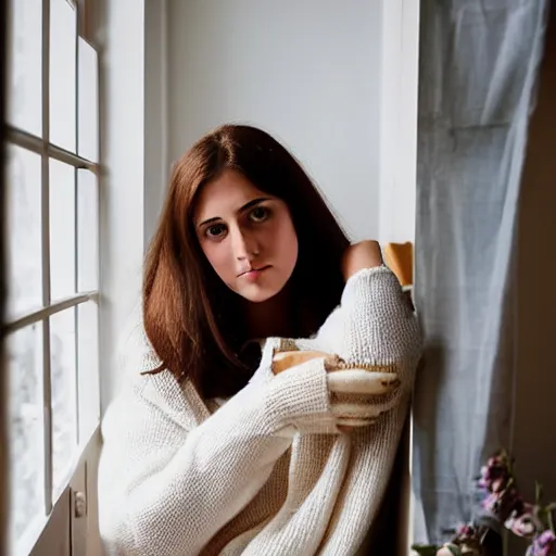 Prompt: photograph of a pretty french girl with dark hair, wearing a loose fitting oversized homely white sweater, cuddled up on a windowsill sipping tea from a mug with the light of the sunset illuminating her beautiful brown eyes. Shot in the style of Annie Leibovitz for an Ikea catalogue in 2008, Sigma 1.6, 50mm, bokeh, cinematic lighting, high detail, tack sharp focus, award winning.