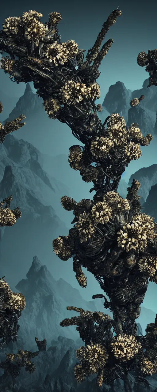 Prompt: visceral exoskeletal formations surrounding of aliens flowers and plants, mythical mountains, dramatic dark contrast lighting, surreal, hyper detailed, cycles 3 d render, 8 k