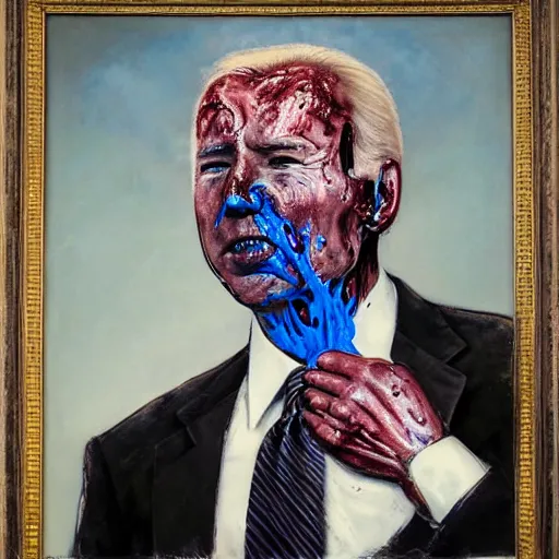 Image similar to presidential portrait of joe biden with oily black fluid pouring from mouth and nose as slenderman, medical diagram by beksinski, jon mcnaughton, and stephen gammell