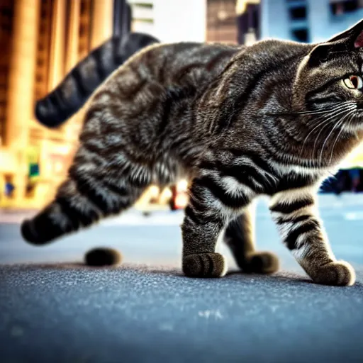 Prompt: a cat kaiju stomping through a city, realistic, 8 k, low angle