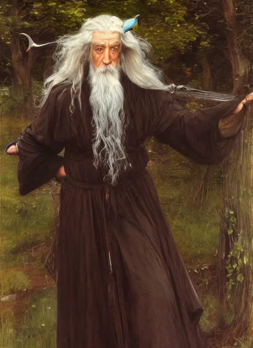 Image similar to a beautiful painting of gandalf by John Everett Millais and Dante Gabriel Rossetti and John Collier and john william waterhouse, pre-raphaelite, detailed, trending on artstation, hd, masterpiece