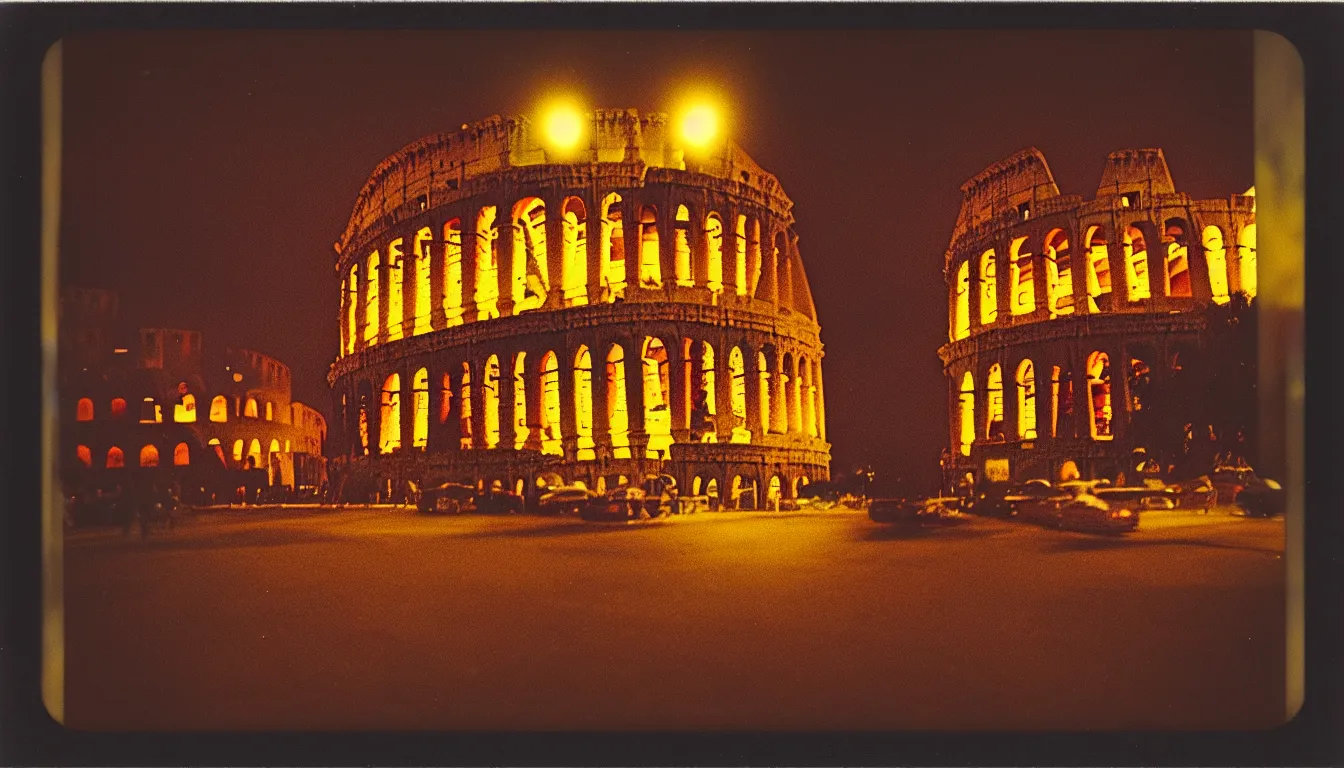 Image similar to colorful instant photograph of rome at night, polaroid, light leak, raw, nostalgic