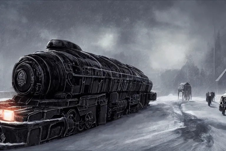 Image similar to a grand intricate futuristic black steam train next to a giant mammoth, post - apocalyptic ice landscape in snowstorm, concept art, artstation, highly detailed, digital art