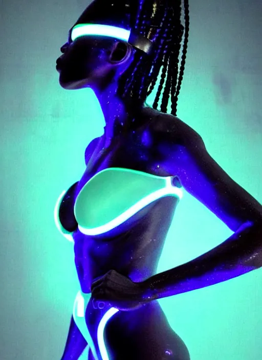 Image similar to an black american female humanoid, cyber neon lighting, futurism, intricate futuristic led lit jewelry, cyberpunk glossy white latex swimwear, profile posing, hyper photorealistic, crispy quality, digital photography, trending in artstation, trending in pinterest, cinematic, 4 k ultra hd, art by pascal blanche, art by greg rutkowski,