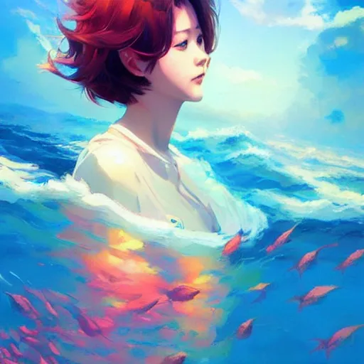 Image similar to koy fish swimming between clouds, colorful, fine detail!! anime!! realistic shaded lighting!!, kim hyun joo, digital painting by ilya kuvshinov, magali villeneuve, artgerm, jeremy lipkin and michael garmash and rob rey