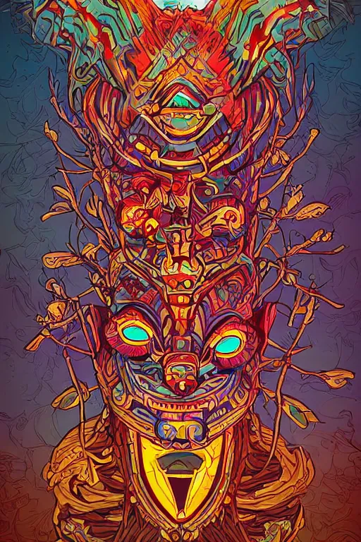 Image similar to totem animal tribal chaman vodoo mask feather gemstone plant wood rock video game illustration vivid color borderlands by josan gonzales and dan mumford radiating a glowing aura