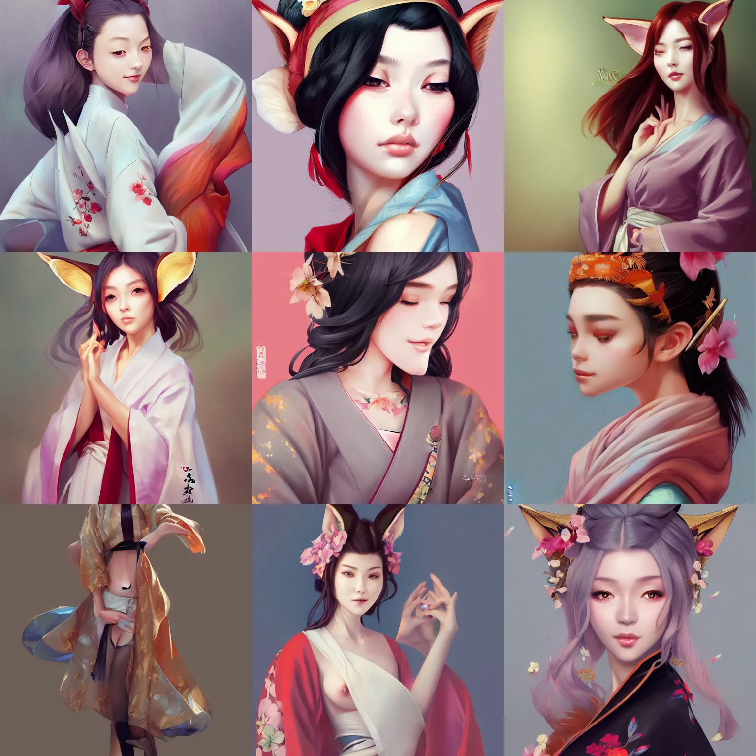 Prompt: A potrait of a beautiful, shapely woman with fox ears wearing a modest kimono, digital painting, by Stanley Artgerm Lau, WLOP, Rossdraws, LeraPi, and Sakimichan, digtial painting, trending on ArtStation, deviantart, SFW version