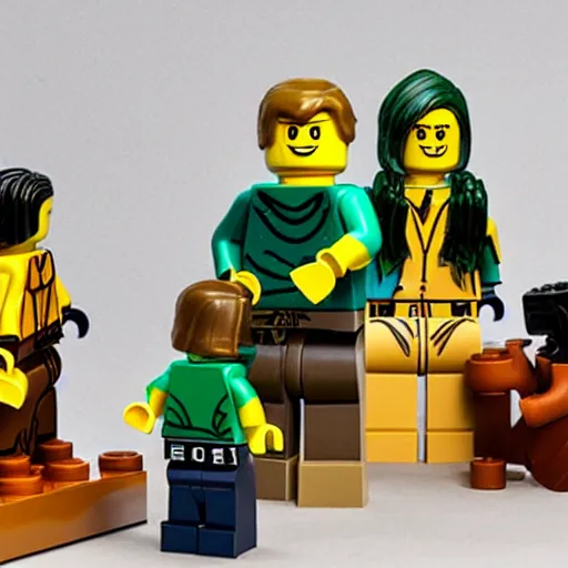 Image similar to a lego set about the first interaction between humans and aliens