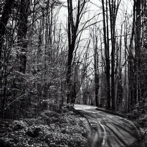 Image similar to indycar driving in the woods, black and white photo