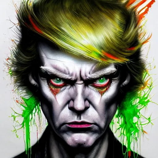 Image similar to a demon slayer portrait of donald trump, tall, pale - skinned, and slender with lime green eyes and long eyelashes by stanley artgerm, tom bagshaw, arthur adams, carne griffiths, trending on deviant art, street art, face enhance, chillwave, maximalist, full of color, glittering