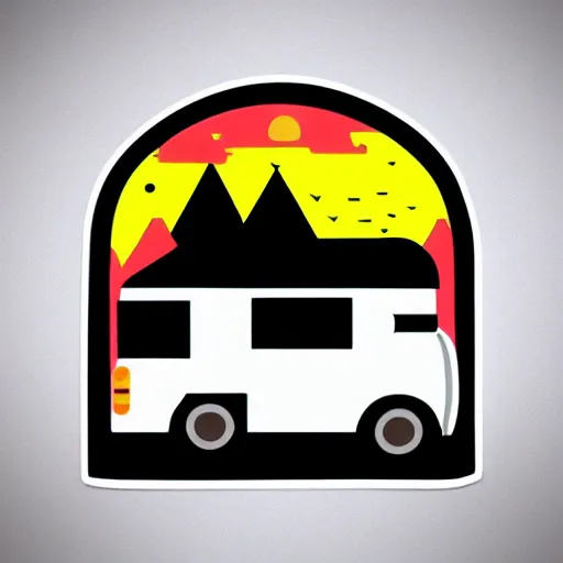 Image similar to a white and black cute thor chateau! motorhome camper!!, highway, colorful mountains and sunset!!, very happy, minimal vector sticker by tom whalen, sanja stikovic