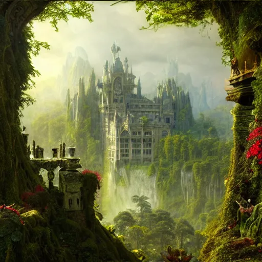 Prompt: a beautiful and highly detailed matte painting of an epic palace in a lush fantasy garden in a beautiful forest, carved stone runes, intricate details, epic scale, insanely complex, hyperdetailed, artstation, cgsociety, 8 k, sharp focus, hyperrealism, by caspar friedrich, albert bierstadt, james gurney, brian froud,