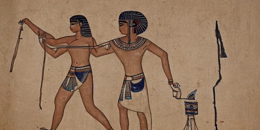 Image similar to Egyptian drawing of a man using a shake weight, ancient, photorealistic