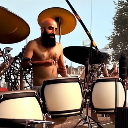 Prompt: bald arab guy with a beard playing a drum solo on a large drum kit, hyper realistic, cinematic quality, stunning, epic