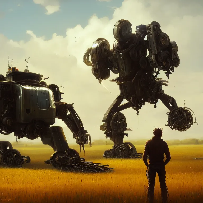 Image similar to greg rutkowski mech in a farmers field