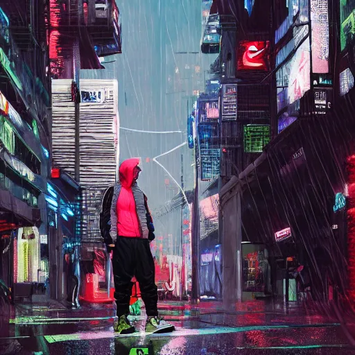 Prompt: A man wearing Merrell x Ant 1 of 1 rare archival garment-dyed jacket and Acronym P38-E pants and Nike x Acronym Blazer Low sneakers, Police sirens shining in far background, high quality, digital art, dirty cyberpunk city, rain, greg rutkowski