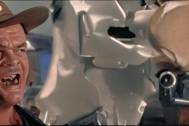 Image similar to Jack Nicholson plays Pikachu Terminator, scene where his endoskeleton gets exposed, still from the film