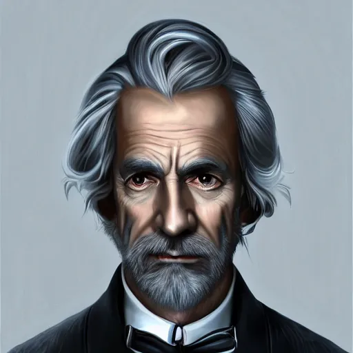 Image similar to old greying flowing hair handsome man with high collar fantasy, symmetrical beautiful, portrait, painting, trending on artstation