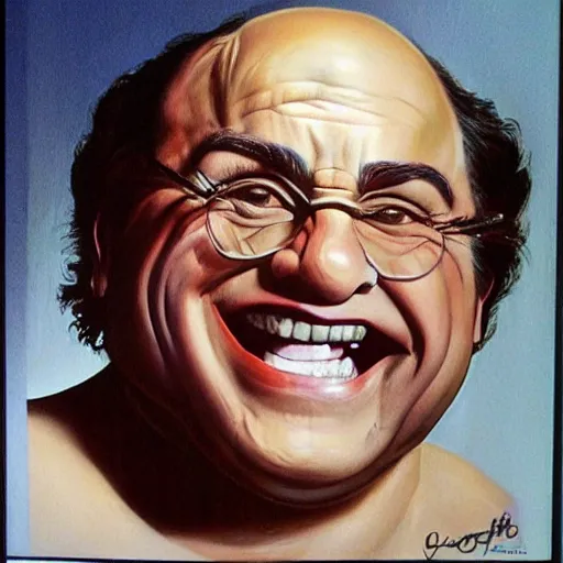 Image similar to portrait of the face of danny devito smiling sly intricate detailed by boris vallejo