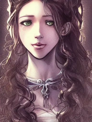 Prompt: a smiling woman, long hair, baroque style, elegant, beautiful, mesmerizing, concept art, fancy clothing, highly detailed, artstation, behance, deviantart, inspired by innocent manga, inspired by castlevania concept art, trending, ayami kojima, shinichi sakamoto