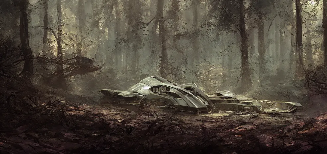 Prompt: an alien spaceship half-buried in the woods, by Craig Mullins, cinematic lighting, concept art, trending on artstation