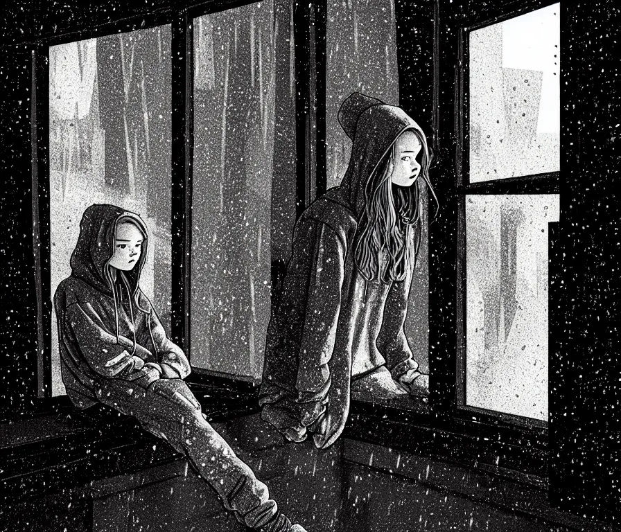 Prompt: sadie sink in hoodie sits on windowsill, knees tucked in | rain falls at night : storyboard, scifi cyberpunk. by chris bonura, joe alves, gabriel hardman. cinematic atmosphere, detailed and intricate, perfect anatomy