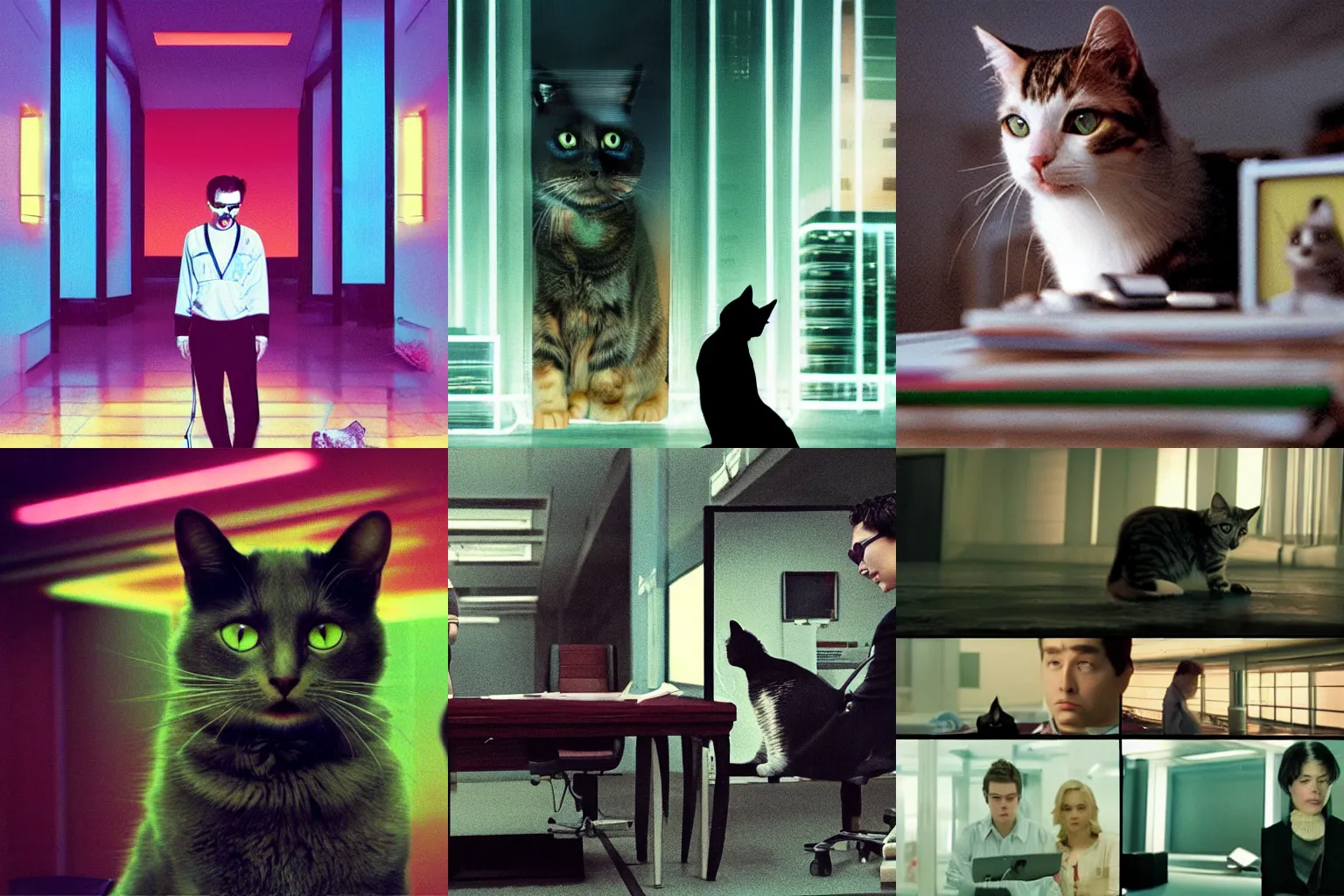 Prompt: the cat was the only reason the accounting department functioned at all, vaporwave, aesthetic, moody, digital, directed by Denis Villeneuve, neon