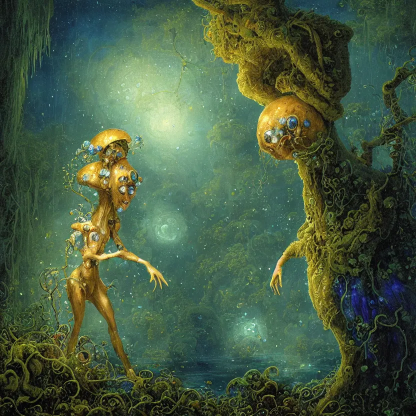 Prompt: a close - up rococo portrait of a futuristic iridescent mushroom alien elf - like creature standing in water, moss, and swamp. fireflies night time. rich blue colors, high contrast. gloomy, highly detailed 1 8 th century sci - fi fantasy masterpiece painting by jean - honore fragonard, moebius, and johfra bosschart. artstation