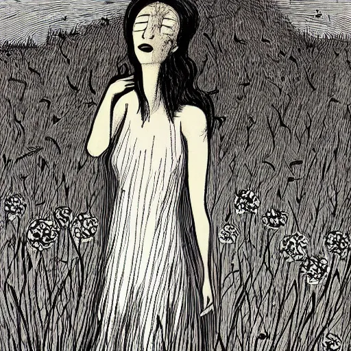 Image similar to The illustration depicts a woman standing in a field of ashes, her dress billowing in the wind. Her hair is wild and her eyes are closed, and she seems to be in a trance-like state. The illustration is dark and atmospheric, and the ashes in the field seem to be almost alive, swirling around. by Charles Vess hyperdetailed